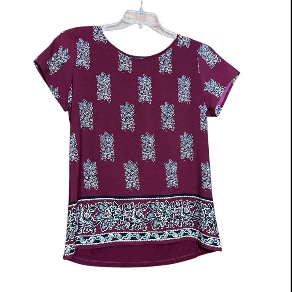 Ann Taylor Plum Floral Border Short-Sleeve Blouse